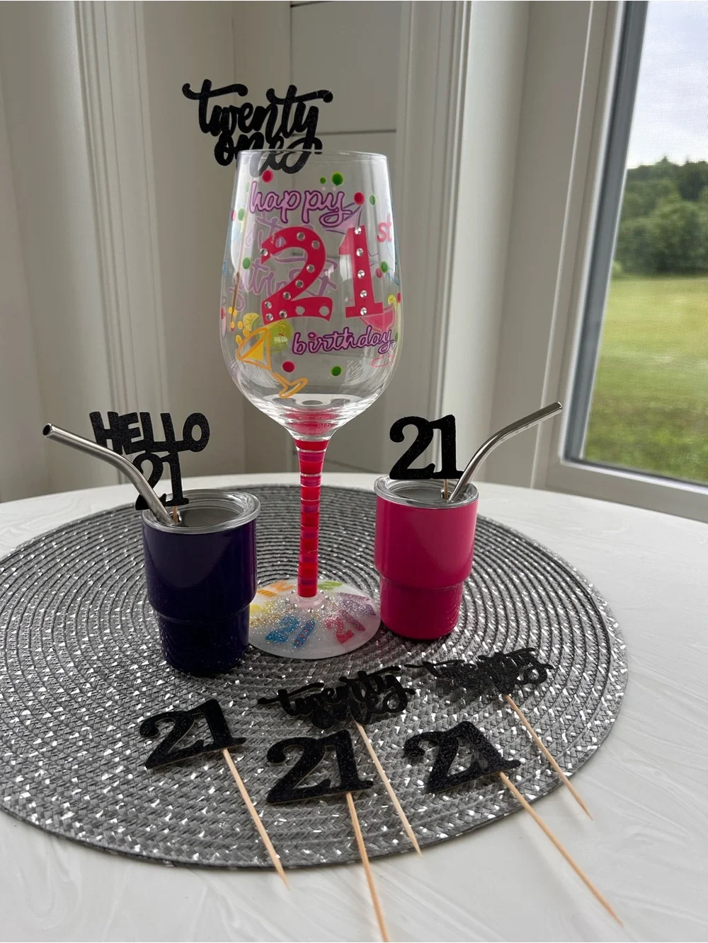 21st Birthday Wine Glass & Stanley styled mini tumbler shot glasses food decor